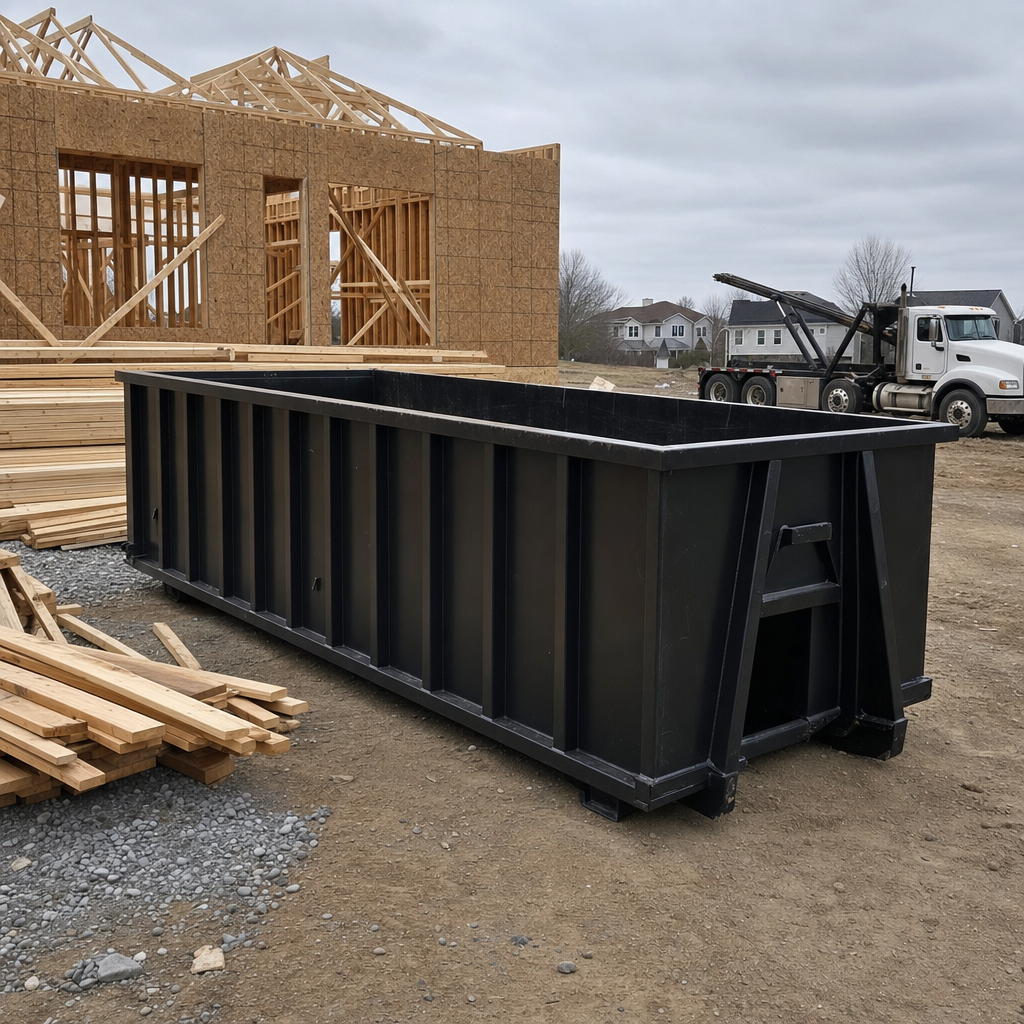 Matte-black 40-yard roll-off dumpster staged on a framed-out residential construction site in Jacksonville, framing lumber stacked nearby, hooklift delivery truck visible in the background under bright Colorado daylight