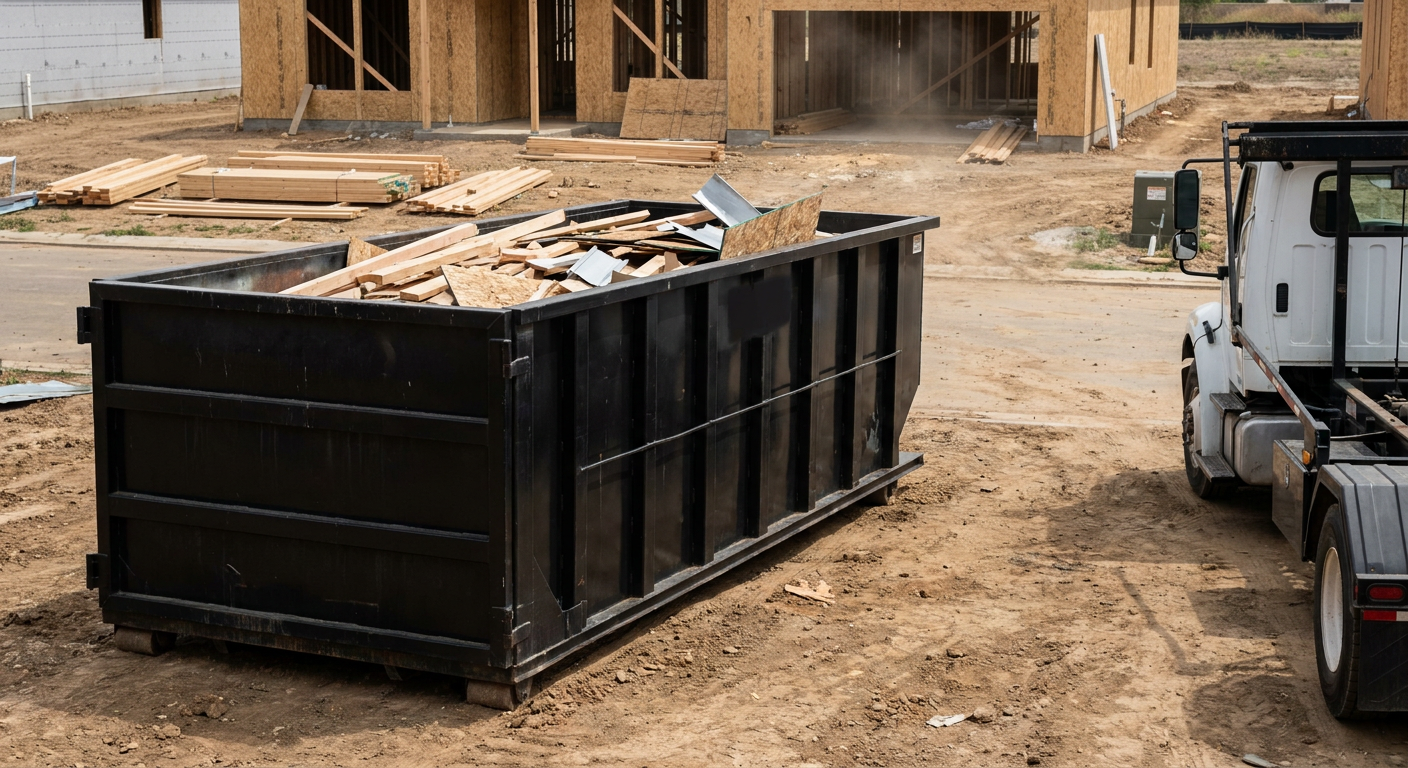 Matte-black 20-yard roll-off construction dumpster with heavy ribbed steel sidewalls and swing rear doors at a working jobsite in Jacksonville, sitting directly on compacted dirt with an unmarked white hauler partially visible at the far edge of the frame.