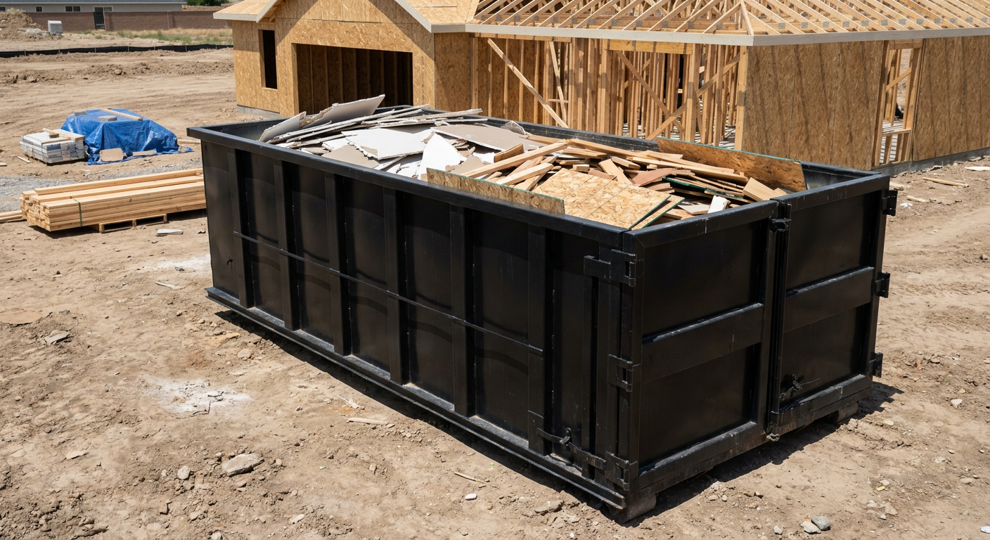 Matte-black 30-yard roll-off construction dumpster sitting directly on the compacted-dirt site of a framed single-family home build in Jacksonville, drywall and lumber scrap loaded inside.