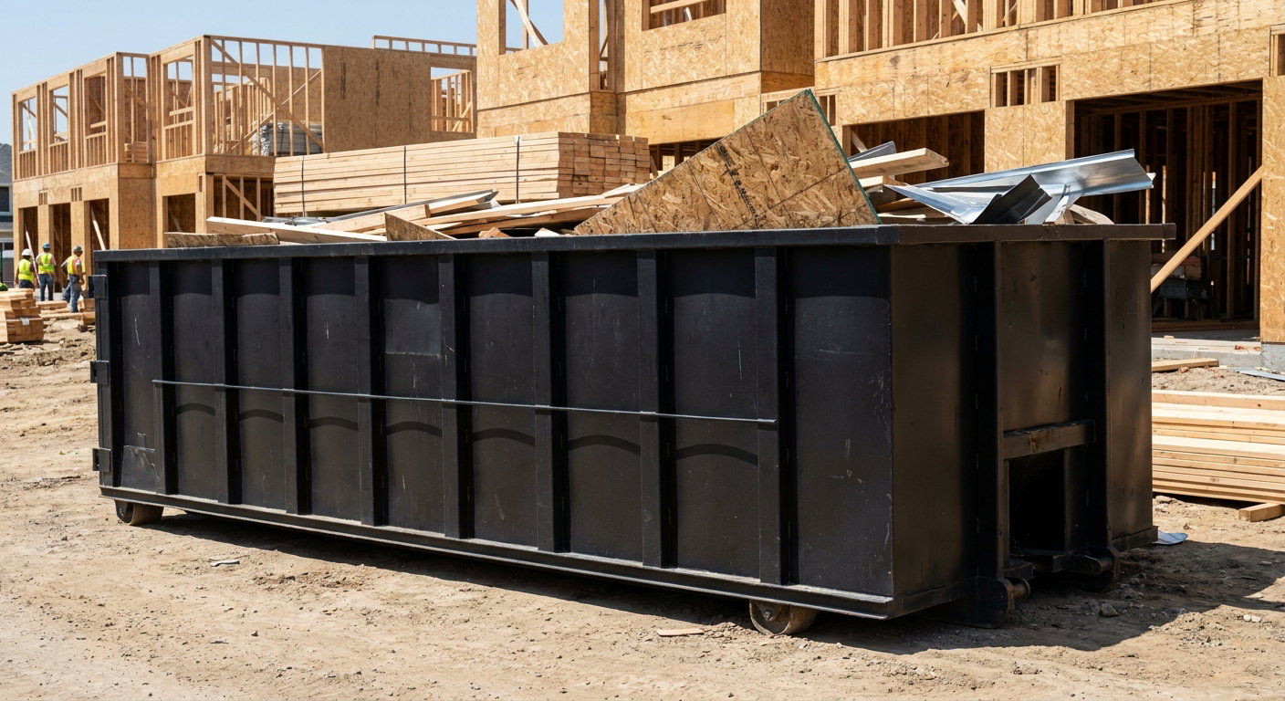 Matte-black 40-yard roll-off construction dumpster being lowered from a white-cab hooklift delivery truck onto the compacted-dirt jobsite at a commercial build site in Jacksonville