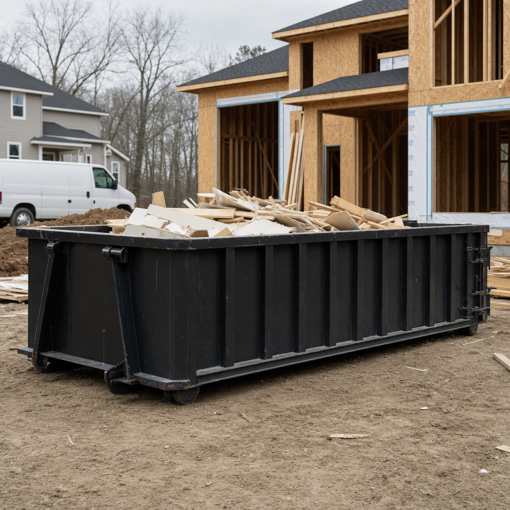 Worker in a yellow high-visibility vest tossing framing lumber and broken drywall into a matte-black 30-yard construction roll-off dumpster on an active build site in Jacksonville, bright daylight