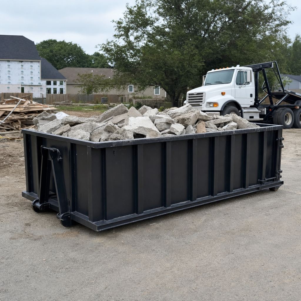 Low-profile matte-black lowboy roll-off dumpster loaded with broken concrete slab and rebar at a foundation tear-out in Jacksonville, skid steer parked beside it, sunny Colorado morning
