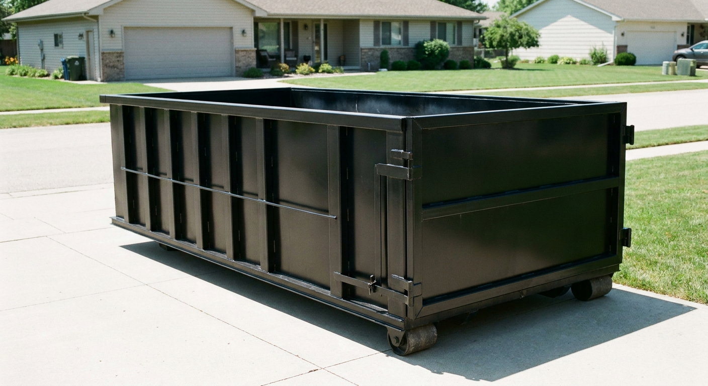 Matte-black 10-yard roll-off dumpster on a residential concrete driveway in Jacksonville, uniformly painted matte black across every panel and rail, ribbed steel sidewalls and rear swing door visible, mid-day daylight.