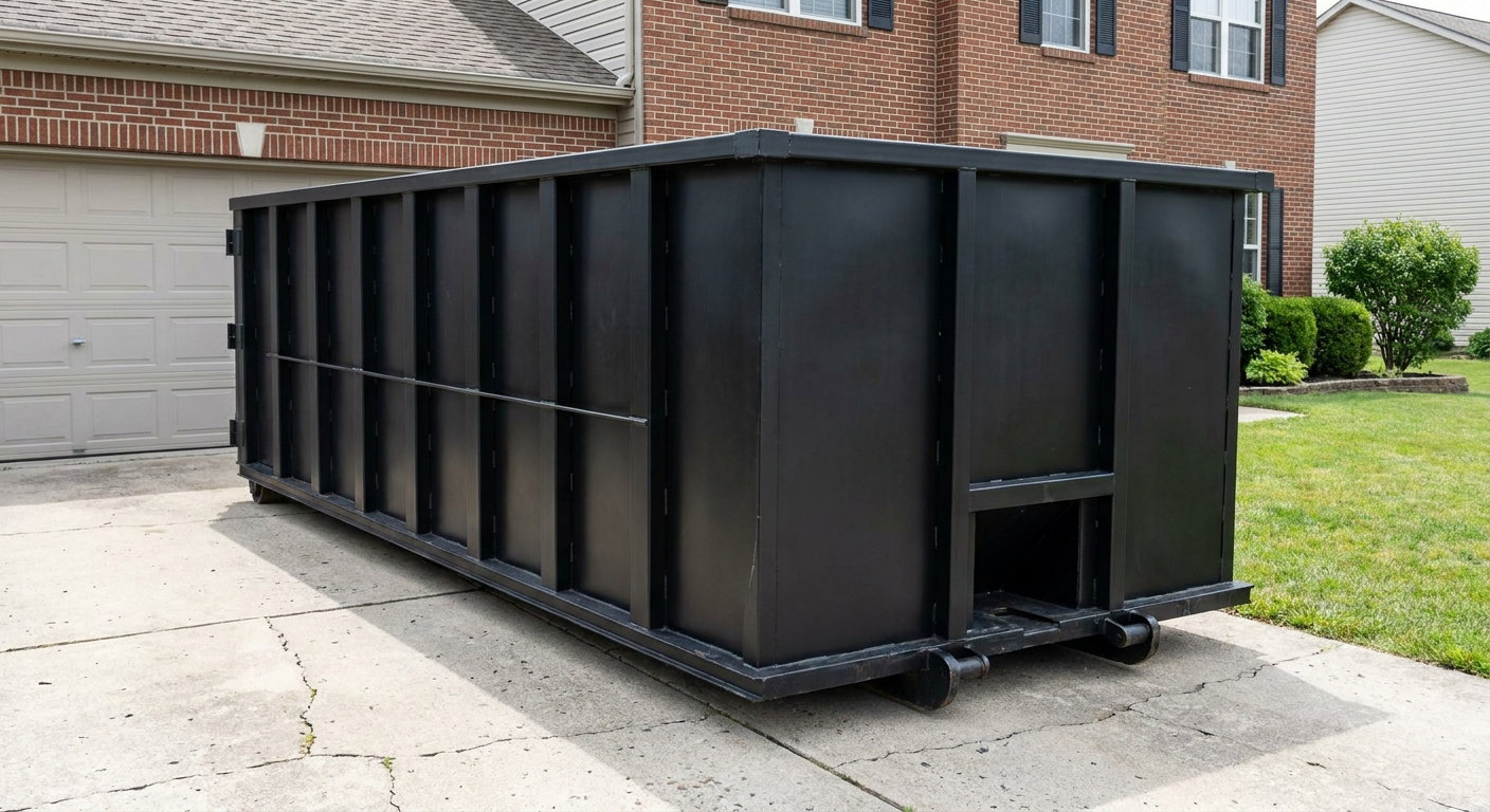Matte-black 20-yard roll-off container on a Jacksonville residential concrete driveway with reinforced ribbed steel sidewalls and a hinged rear walk-in door, clean bright daylight.