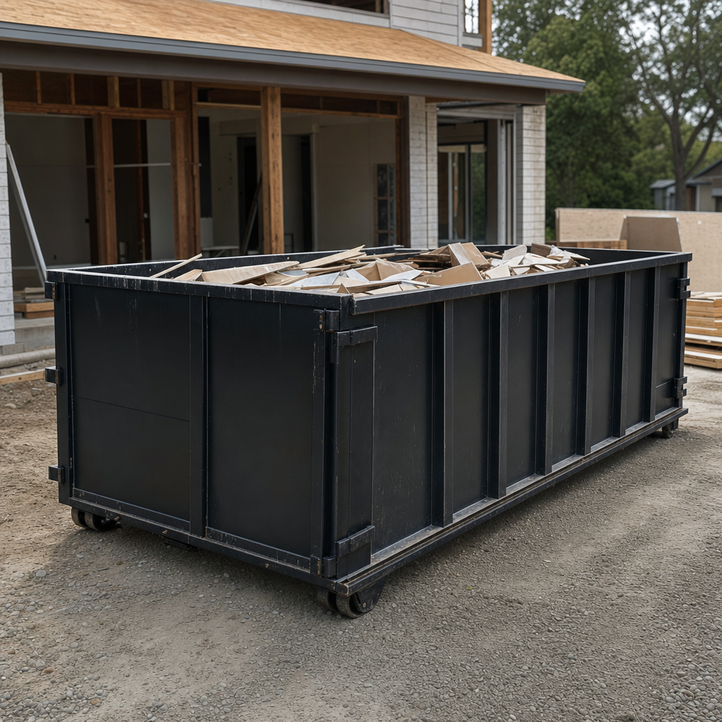 Large matte-black 30-yard construction roll-off dumpster at an active Jacksonville jobsite, steel-gray top rails and bottom rollers visible, loaded with construction debris.