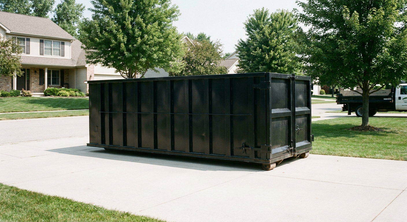Matte-black 20-yard roll-off dumpster sitting level on a clean Jacksonville residential concrete driveway under bright daylight, demonstrating clean placement directly on the concrete.