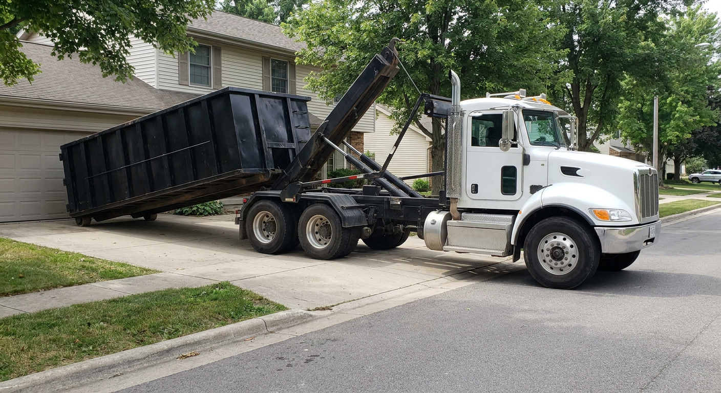 White-cab hooklift roll-off truck actively lowering a matte-black dumpster onto a Jacksonville residential concrete driveway, the dumpster's rear wheels touching the driveway as the hoist arm tilts the bed forward, mid-morning daylight.