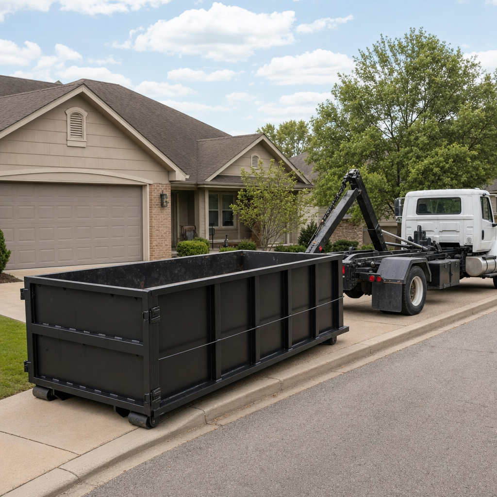Wide documentary shot of a matte-black roll-off dumpster on a Jacksonville residential driveway in the foreground and a contractor jobsite container in the soft-focus background, bright daylight, calm and orderly composition.