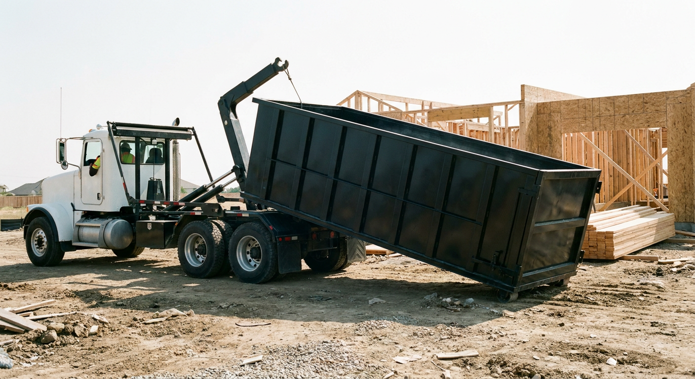 Matte-black roll-off dumpster being delivered onto a clean residential concrete driveway in Jacksonville by an unmarked white hooklift hauler truck, bright morning daylight, documentary 35mm perspective.