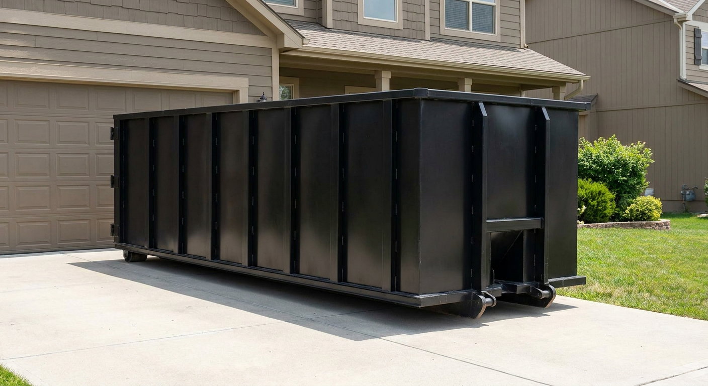 Matte-black residential roll-off dumpster sitting directly on a suburban Jacksonville concrete driveway, garage door closed, single-family home in background, bright morning daylight.