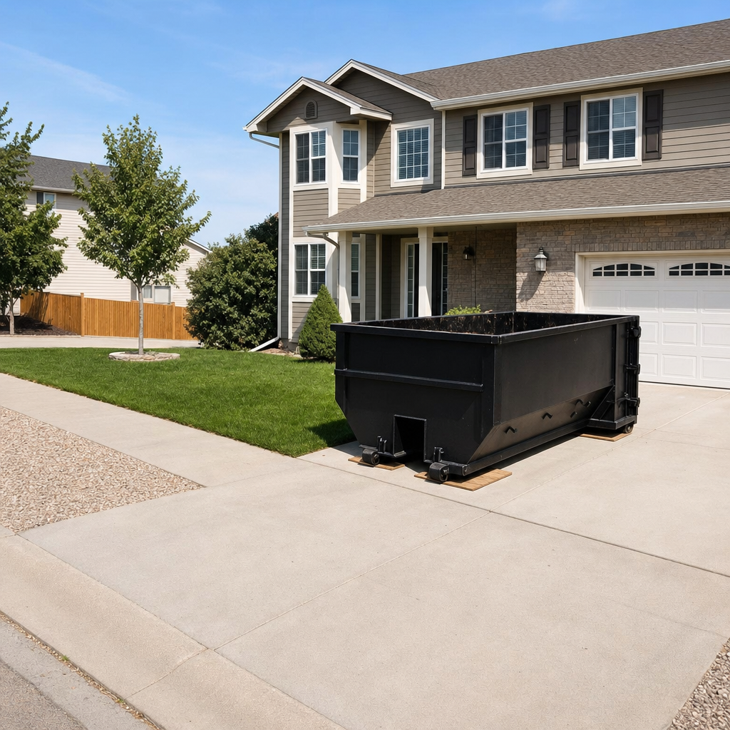 10-yard matte-black residential dumpster placed directly on a narrow Jacksonville concrete driveway, room remains for a parked sedan beside it, mid-morning natural light