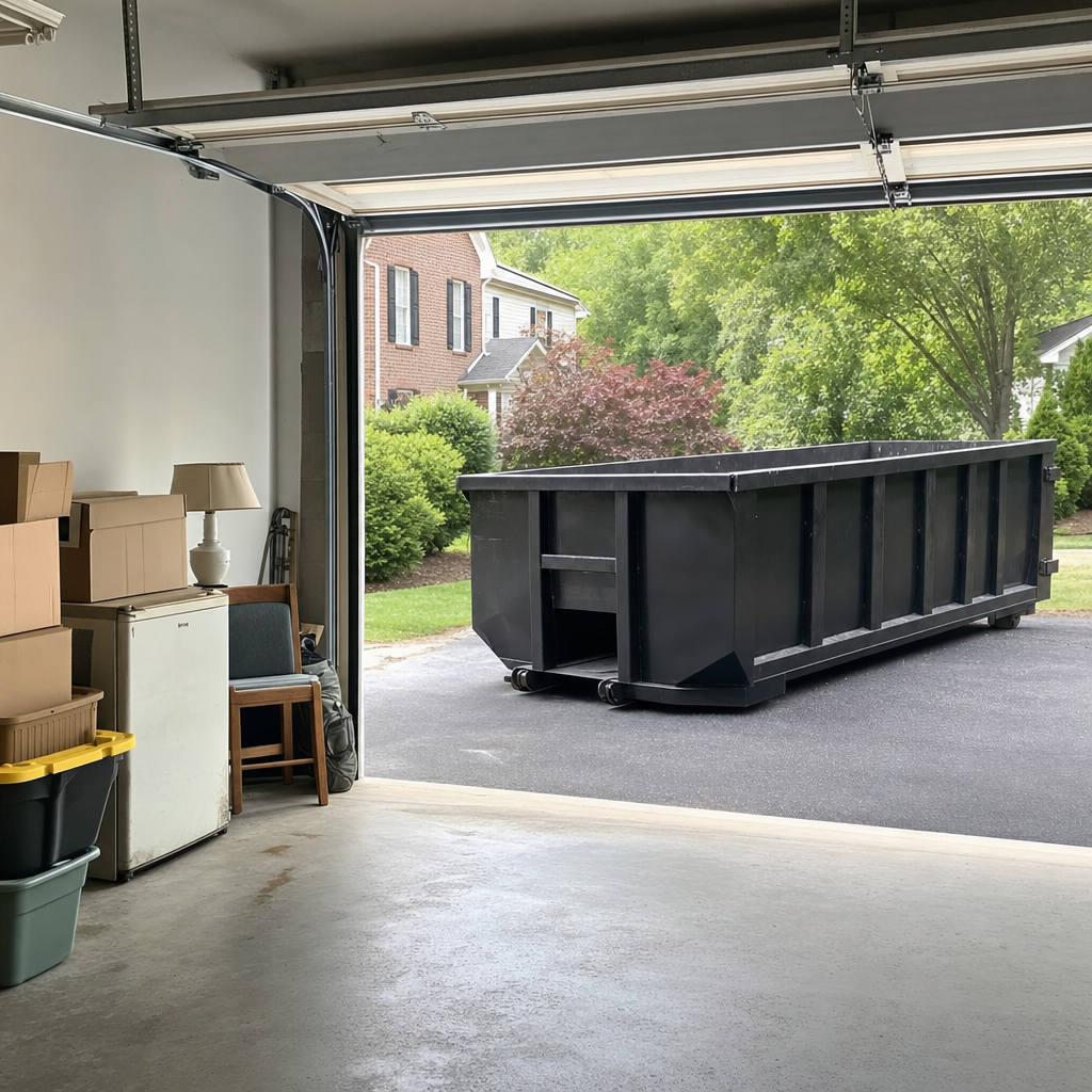Open garage interior in a Jacksonville home mid-cleanout — boxed items, an old appliance, and stacked yard tools queued near the driveway for a matte-black roll-off dumpster, organized and calm