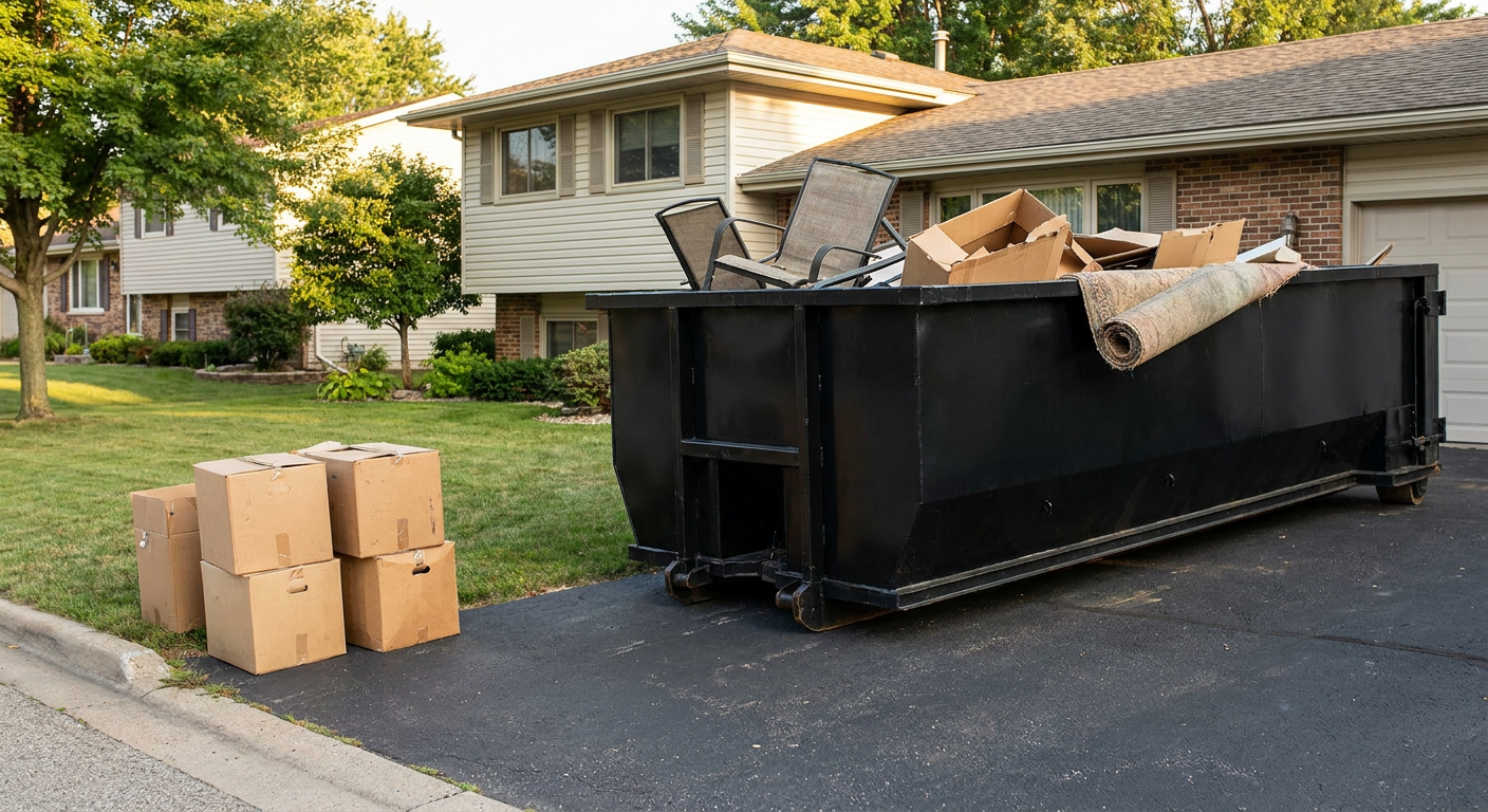 Front-yard view of a Jacksonville split-level home with a 20-yard matte-black roll-off dumpster sitting directly on the asphalt driveway, a few clearly labeled donation boxes staged at the curb, calm sunny afternoon.