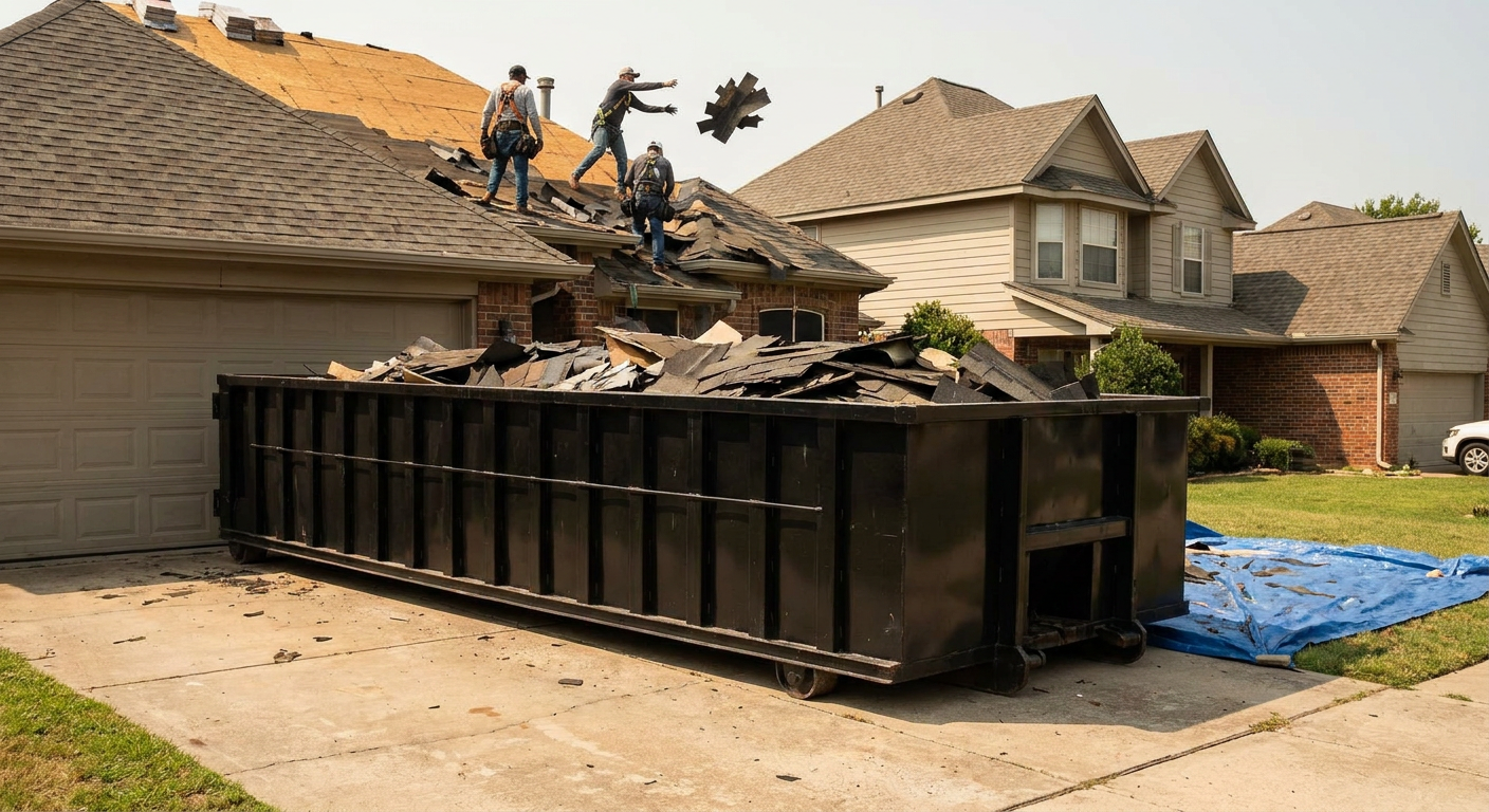 Matte-black roofing roll-off dumpster placed directly on a Jacksonville residential concrete driveway, a tear-off crew on a two-story asphalt-shingle roof tossing shingle bundles into the low-walled container, bright daylight, documentary 35mm perspective.