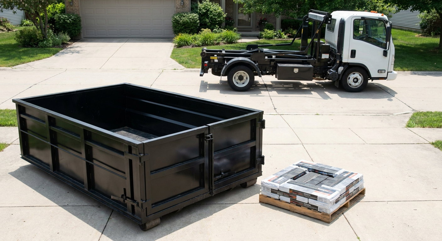 Matte-black 15-yard roofing roll-off dumpster with reinforced low side walls sitting directly on a Jacksonville residential concrete driveway, three-tab asphalt shingle bundles stacked nearby, an unmarked white hauler truck partially visible at the edge of the frame.