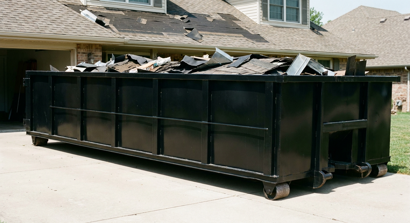 Matte-black 20-yard roofing roll-off dumpster with steel ribbed sides and swinging rear door, sitting directly on the concrete driveway of a two-story Jacksonville home, asphalt shingle debris being loaded over the low wall, clean documentary lighting.