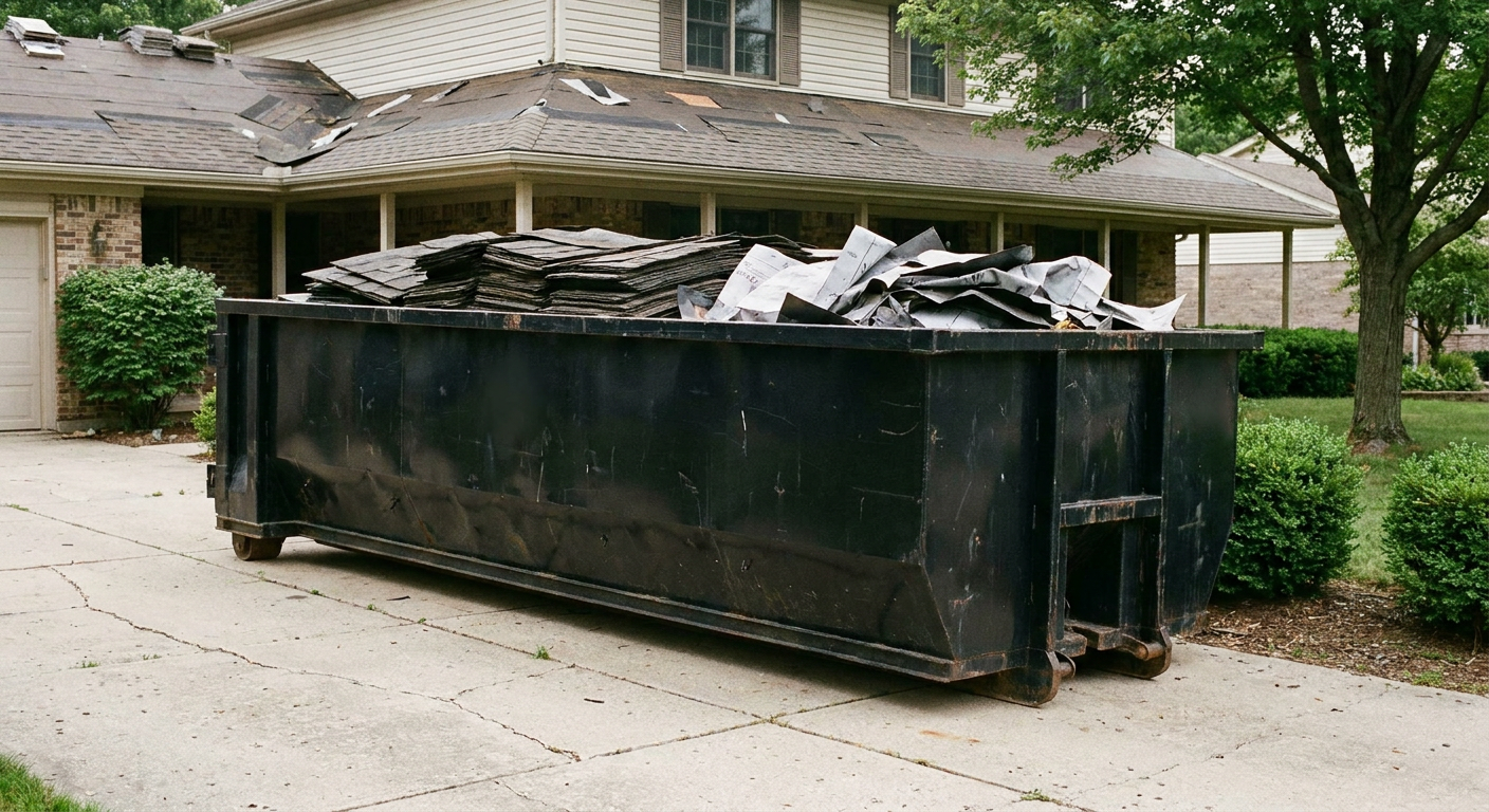 Matte-black 30-yard roofing roll-off dumpster sitting directly on a Jacksonville concrete driveway, taller ribbed steel side panels, mixed tear-off debris of asphalt shingles and underlayment inside, professional documentary daylight.