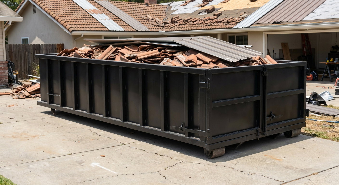 Matte-black low-wall heavy-debris roofing roll-off dumpster sitting directly on a Jacksonville concrete driveway, broken concrete clay roof tiles and metal panel sections loaded inside, reinforced ribbed steel side walls visible, bright outdoor daylight.
