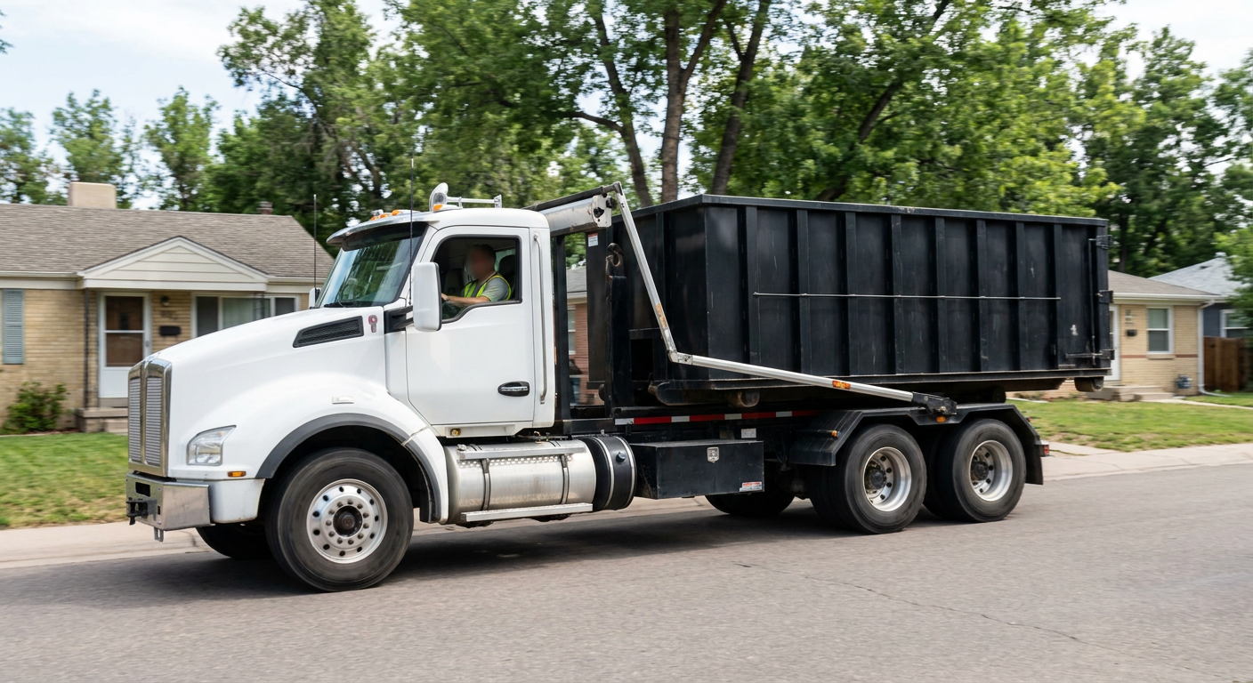 A wide documentary shot of a matte-black roll-off delivery truck pulling onto a quiet Jacksonville residential street at mid-morning, with neighborhood rooftops and tree-lined blocks visible behind, showing the metro coverage footprint.