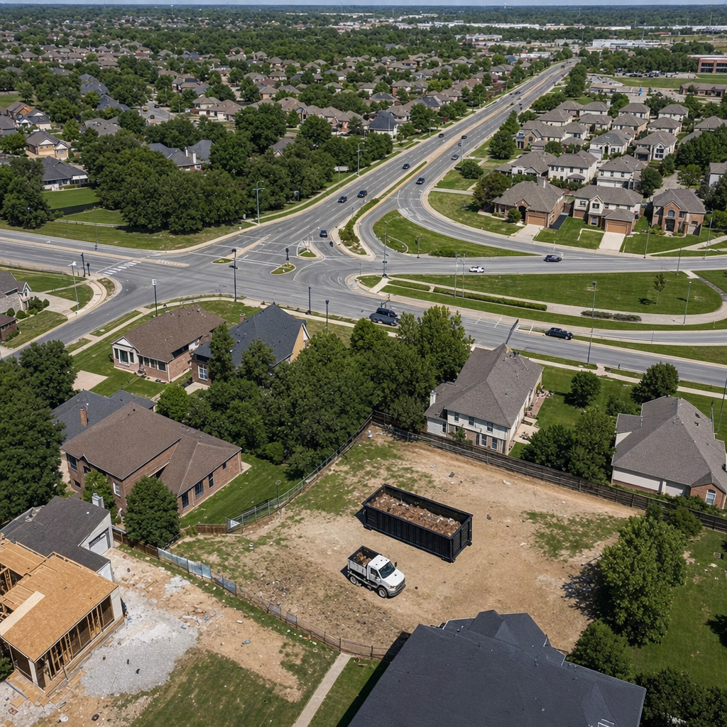 An overhead documentary view of the Jacksonville metro area at midday, showing the spread of neighborhoods, arterial roads, and the dispatch radius from a central yard — clean daylight, organized geographic layout.