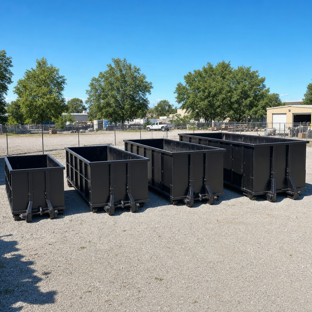 A clean lineup of matte-black roll-off dumpsters in 10, 20, 30, and 40-yard sizes staged on a sunlit gravel yard in Jacksonville, showing the size progression from compact to commercial-scale containers.