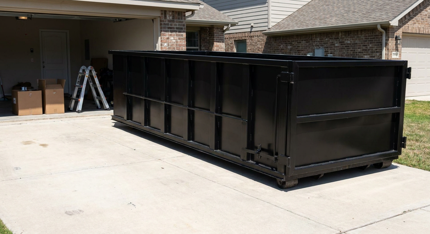 A matte-black 10-yard roll-off dumpster sitting directly on a residential Jacksonville concrete driveway, mid-day sunlight, clean and ready for a garage cleanout.