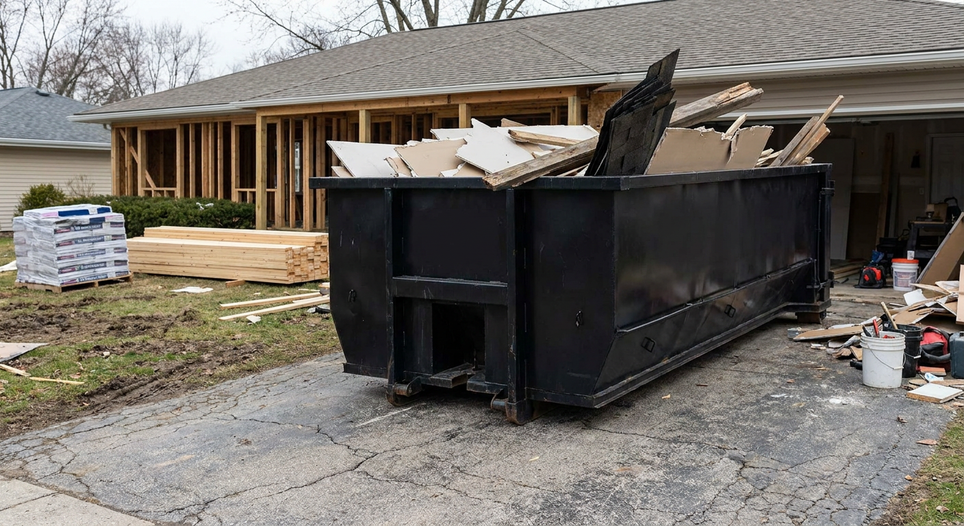 A matte-black 20-yard roll-off dumpster placed alongside a mid-renovation Jacksonville home directly on the asphalt driveway, with framing materials and torn-off shingles staged neatly nearby.