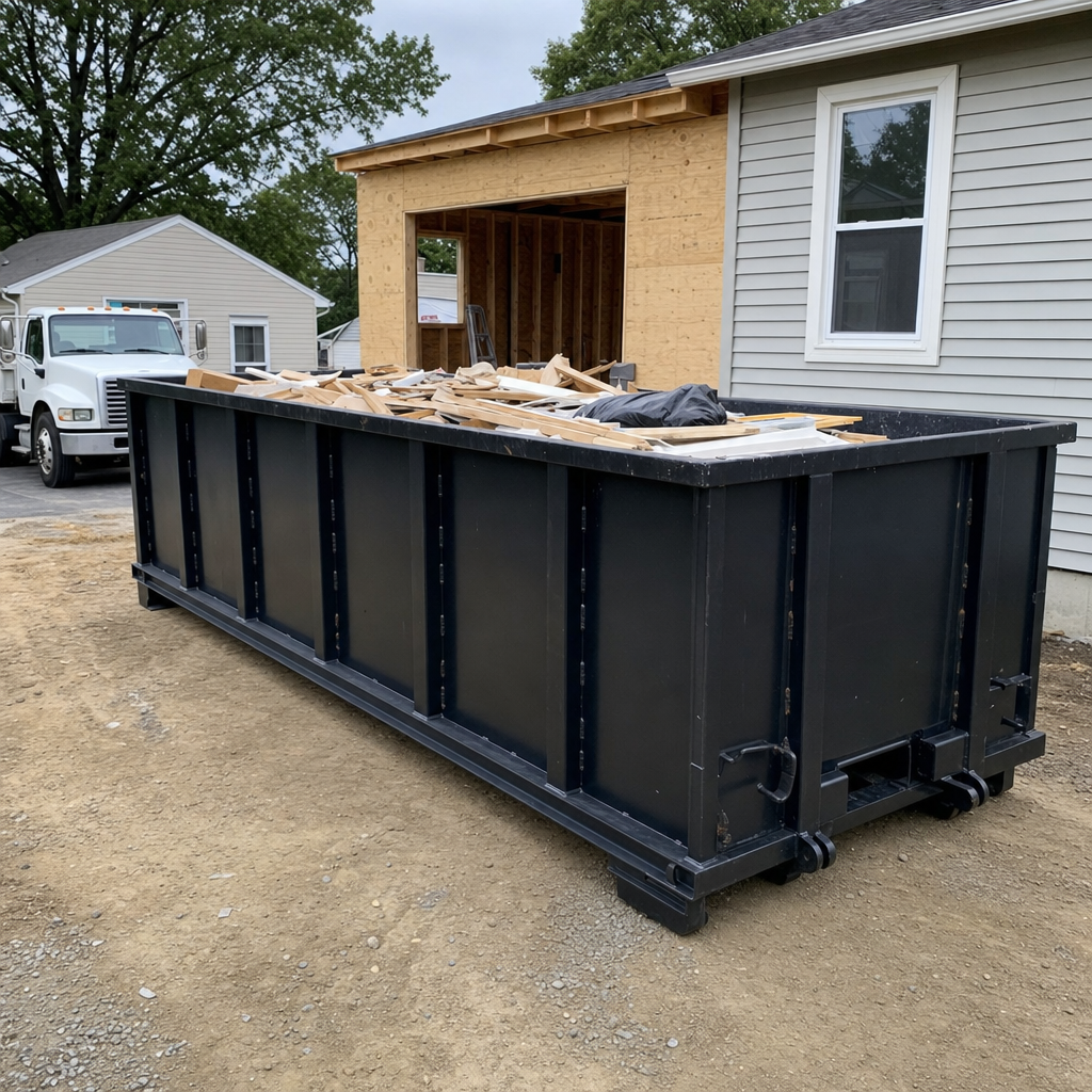A matte-black 30-yard roll-off dumpster positioned at a Jacksonville residential addition jobsite, with framing lumber and drywall scraps loaded through the open swinging rear doors.