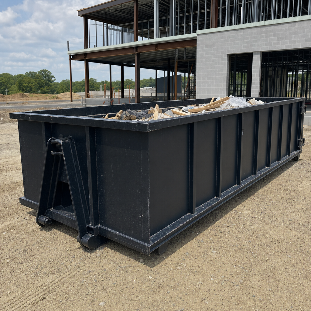 A matte-black 40-yard roll-off dumpster staged on a large Jacksonville commercial construction lot, with a hooklift delivery truck parked alongside under bright midday sky.