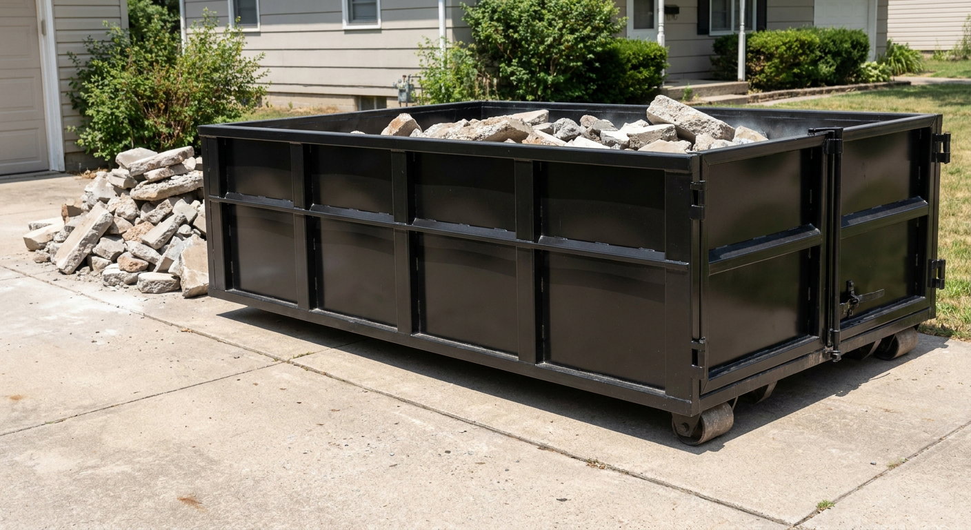 A matte-black low-side heavy-debris roll-off dumpster placed directly on a Jacksonville concrete driveway, with broken concrete chunks neatly stacked beside it under clean daylight.
